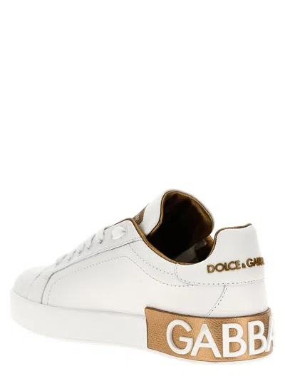 Dolce & Gabbana Portofino White And Gold Low Top Sneakers With Logo In Leather Woman In White