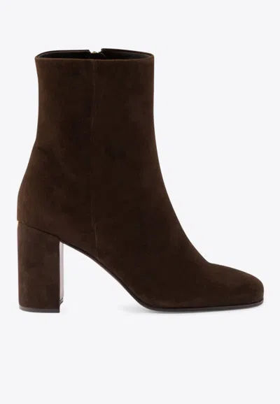 Prada 85 Triangle Logo Suede Ankle Boots In Brown