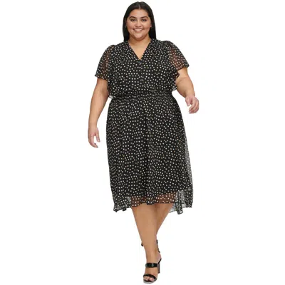 Dkny Plus Size Dot-print Crinkle-chiffon Smocked Midi Dress In Black