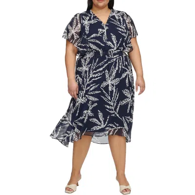DKNY PLUS WOMENS CHIFFON V-NECK MIDI DRESS 