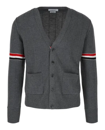 Thom Browne Wool Relaxed V-neck Armband Cardigan In Grey