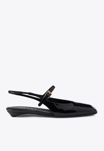 Prada Mary Jane Patent Pointy-toe Slingback Ballerina Flat In Black