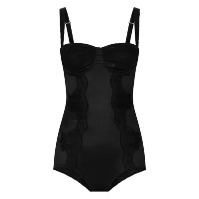 Dolce & Gabbana Lace-trimmed Silk-blend Satin Bodysuit In Black