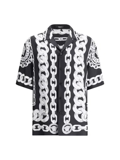 Versace Black And White Bowling Shirt With Cuban Collar And All-over Chain-link Print In Silk Man In Black