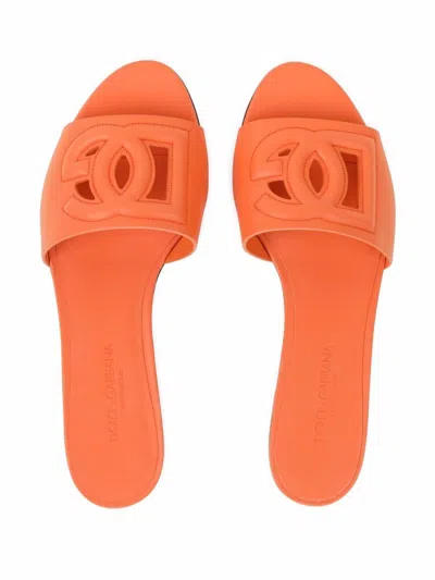Dolce & Gabbana Slide Sandals In Orange Leather With Logo