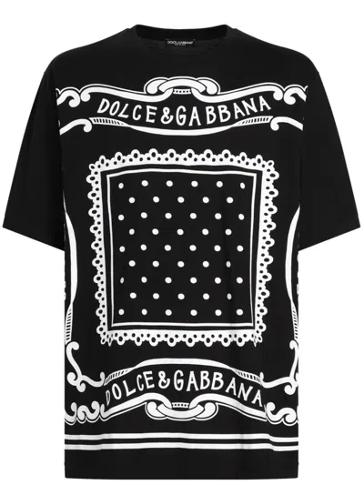 Dolce & Gabbana Black Crewneck T-shirt With Bandana Print All-over