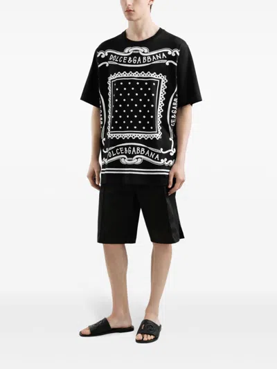 Dolce & Gabbana Black Crewneck T-shirt With Bandana Print All-over