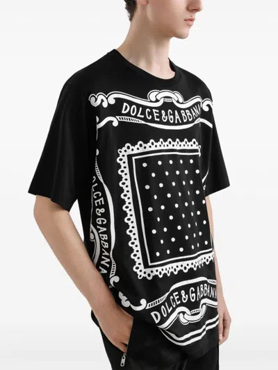 Dolce & Gabbana Black Crewneck T-shirt With Bandana Print All-over