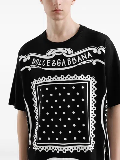 Dolce & Gabbana Black Crewneck T-shirt With Bandana Print All-over