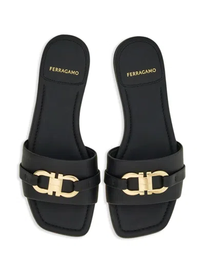 Ferragamo 'leah' Black Sandals With Gancini Plate On Front