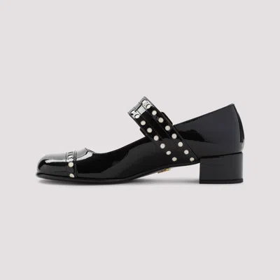 Prada Block Heel Round Toe Patent Finish Studded Detail