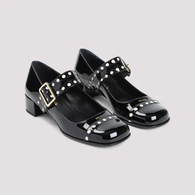 Prada Block Heel Round Toe Patent Finish Studded Detail