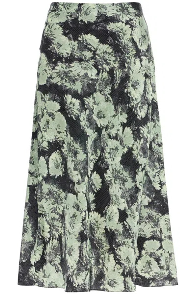 Tory Burch Floral Print Satin Midi Skirt In Black