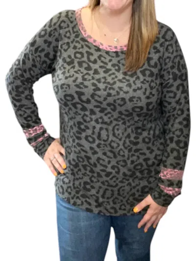 Honeyme Leopard With Wine Accent Sweater In Gray In Grey