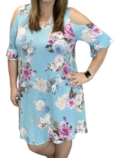 Honeyme Floral Ruffle Sleeve Cold Shoulder Dress In Light Blue In Blue
