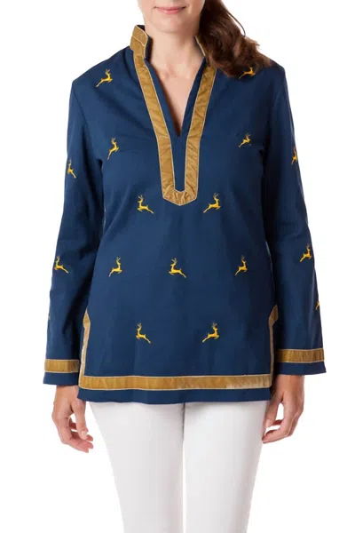Castaway Tunic Top With Leaping Reindeer In Nantucket Navy In Multi