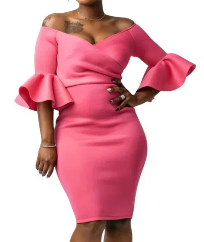 Vavavoom Off The Shoulder 3/4 Midi Dress In Fuchsia In Pink