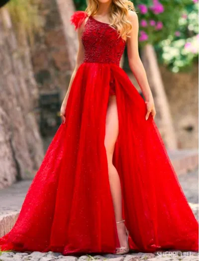 Sherri Hill One Shoulder Beaded Bodysuit Gown In Bright Pink In Pink