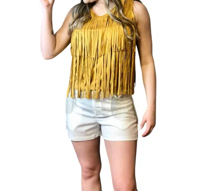Merigold Kiss Cheyenne Vegan Suede Fringe Crop Top In Mustard In Yellow