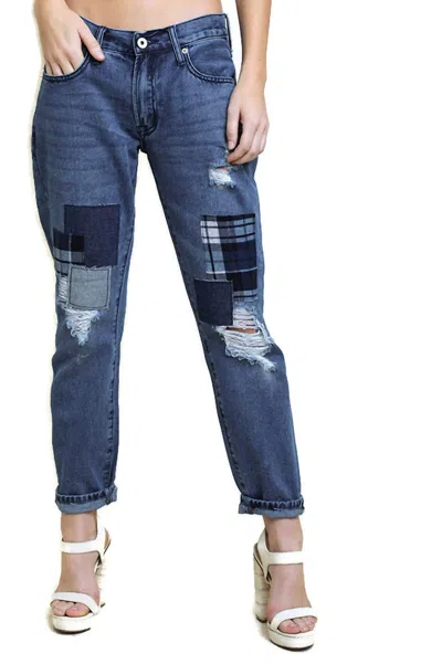 Umgee Distressed Patchwork Boyfriend Jean In Dark Denim In Blue