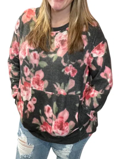 Honeyme Floral Kangaroo Pocket Sweater In Black In Black