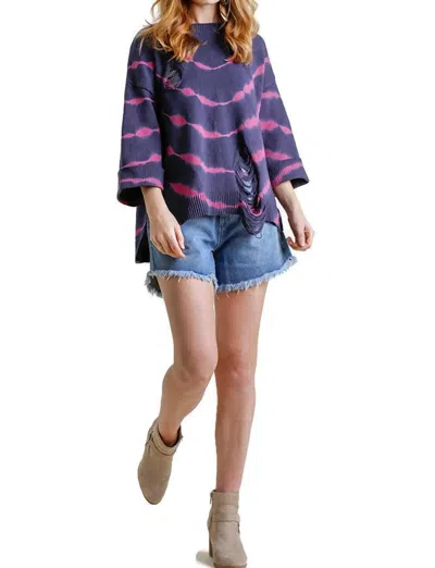 Umgee Distressed Tie Dye Sweater In Navy/fuchsia In Multi