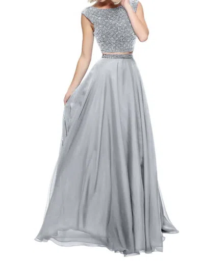 Sherri Hill Two-piece Chiffon Cap Prom Dress In Silver In Silver