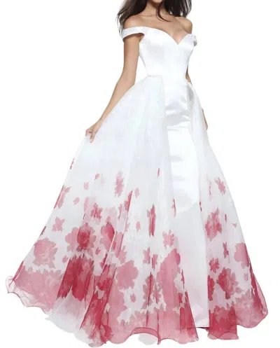 Sherri Hill Satin Floral Prom Dress In Ivory/red Print In Multi