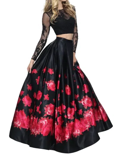 Sherri Hill Two-piece Floral Prom Dress In Black/red Print In Multi