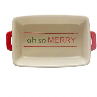 Creative Co-op Hand-painted Baker With Handles Stoneware In Red/green