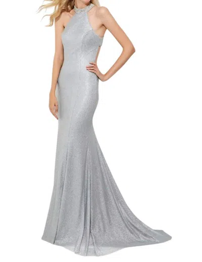 Angela & Alison Sequin Halter Prom Dress In Silver In Silver