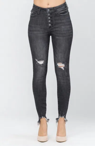 Judy Blue Button Fly Skinny Jeans In Washed Black In Black