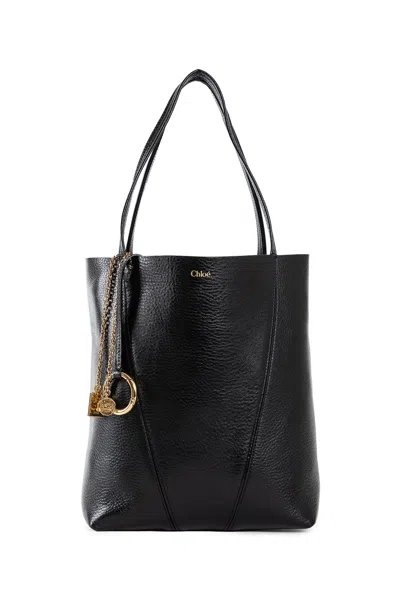 Chloé Chain Detail Textured Finish Tote Bags In Black