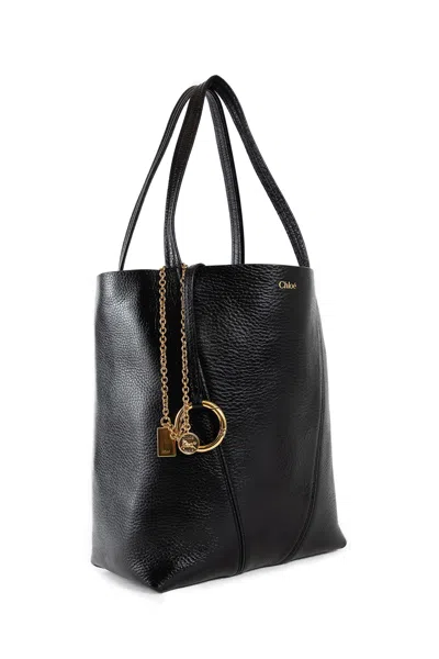 Chloé Chain Detail Textured Finish Tote Bags In Black