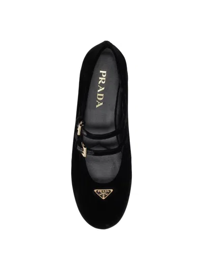 Prada Triangle Logo Velvet Ballet Flats In Black