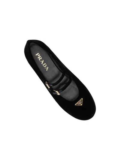 Prada Triangle Logo Velvet Ballet Flats In Black