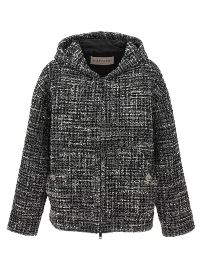 Valentino Double Tweed Hooded Jacket In Black