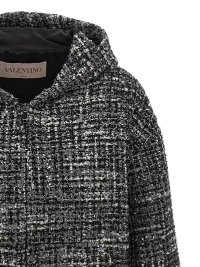 Valentino Double Tweed Hooded Jacket In Black