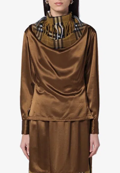 Burberry Checked Scarf Satin Top In Brown