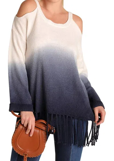 Umgee Ombre Cold Shoulder Fringe Sweater In Navy In Blue