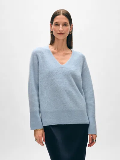 White + Warren Brushed Cashmere Easy V Neck Sweater In Misty Blue In Misty Blue