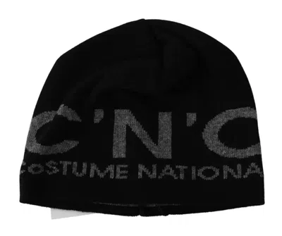 Costume National Beanie Black Wool Blend Branded Hat In Black