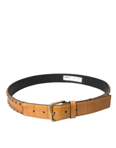 Dolce & Gabbana Beige Alligator Leather Studded Metal Buckle Belt In Beige
