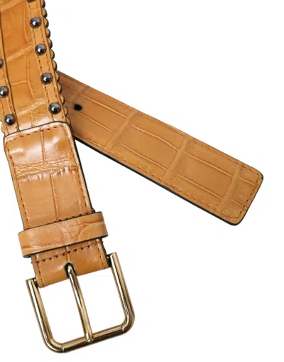 Dolce & Gabbana Beige Alligator Leather Studded Metal Buckle Belt In Beige