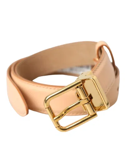 Dolce & Gabbana Beige Calfskin Leather Gold Metal Buckle Belt In Beige