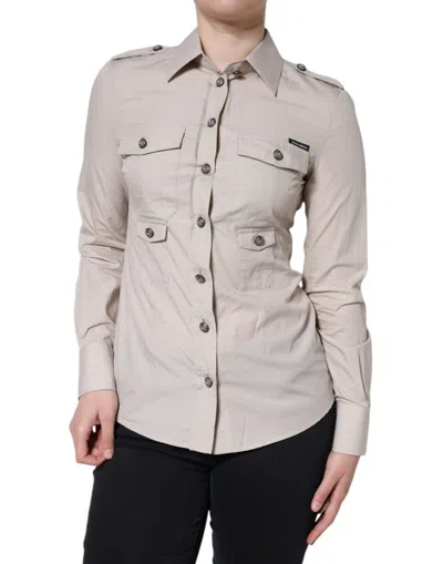 Dolce & Gabbana Beige Cotton Collared Button Down Shirt Top In Beige