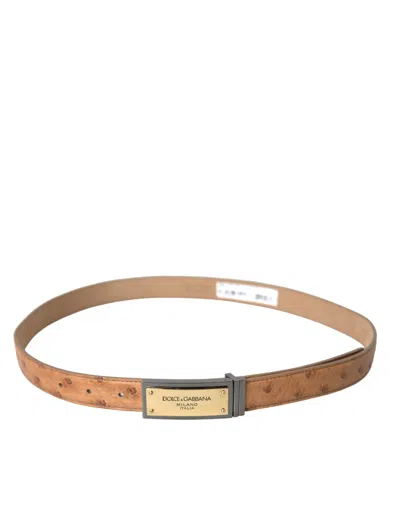 Dolce & Gabbana Beige Leather Gold Logo Engraved Buckle Belt In Beige