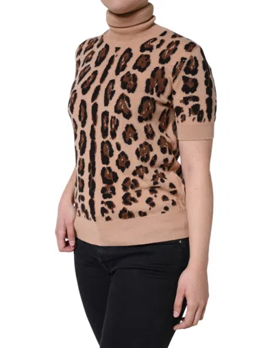 Dolce & Gabbana Beige Leopard Print Wool Turtleneck Top In Beige