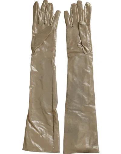 Dolce & Gabbana Beige Satin Crystal Elbow Length Gloves In Beige