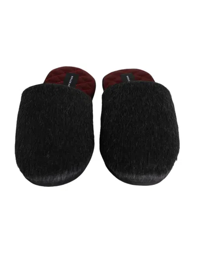 Dolce & Gabbana Black Faux Fur Slides Slippers Slip On Men's Shoes In Black
